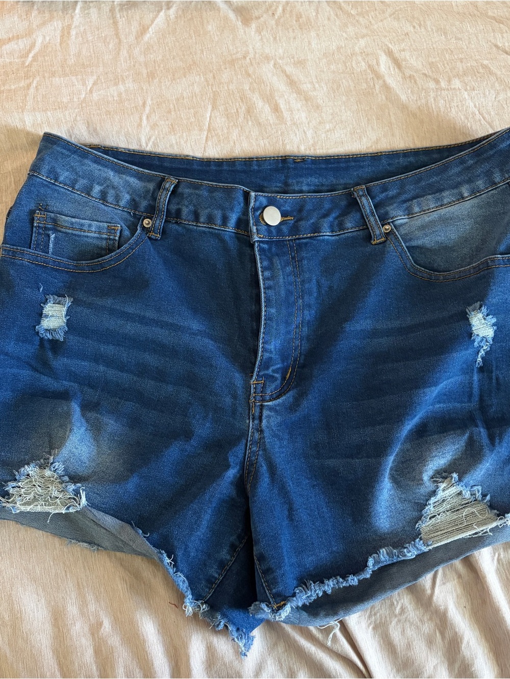 High-Rise Distressed Denim Shorts - Blue